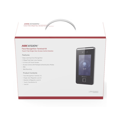 Kit de Control de Acceso TODO INCLUIDO con Lector de Rostros, QRs , Tarjetas y Huellas / 3,000 Rostros / Compatible con App Hik-Connect / Videoportero / Incluye Electroimán Botón de Salida y Montajes Z y L para imán