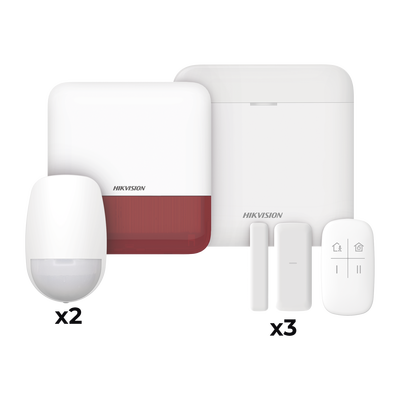 (AX PRO) KIT de Alarma AX PRO con GSM (3G/4G) / Incluye: 1 Hub con bateria de respaldo / 2 Sensores PIR / 3 Contactos Magnéticos mini / 1 Control Remoto / 1 Sirena estrobo Roja Inalambrica Exterior / WiFi / Compatible con Hik-Connect P2P