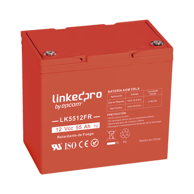 Batería 12 Vcc / 55 Ah / UL / Tecnología AGM-VRLA / Retardo a la flama / Para uso en equipo electrónico, Alarmas de Intrusión / Incendio/ Control de acceso / Video Vigilancia / T2