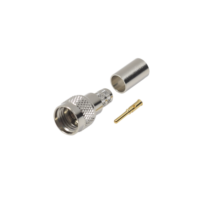 Conector Mini-UHF Macho, 50 Ohm de Anillo Plegable para LMR-240, RG-8/X, 9258, Niquel/ Oro/ Delrin.