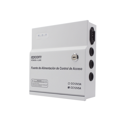 Fuente de Poder / 1 Salida 11-15 Vcc /  5 A / Temporizador Integrado / Con Capacidad de Batería de Respaldo / Requiere Batería / Aplicaciones en sistemas de control de Acceso