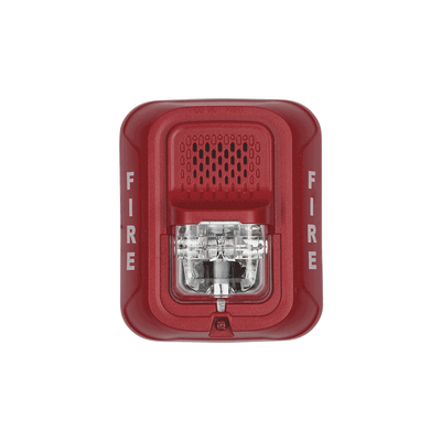 Sirena con Lámpara Estroboscópica / a 2 Hilos / Montaje en Pared / 12 o 24 Vcd / Configuración Estroboscópica Seleccionable / Texto en Inglés / Color Rojo