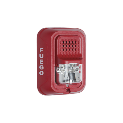 Sirena con Lámpara Estroboscópica a 2 Hilos, Montaje en Pared, Color Rojo, Configuración Estroboscópica Seleccionable y Texto en Español, Nuevo Diseño Moderno y Elegante y Menor Consumo de Corriente