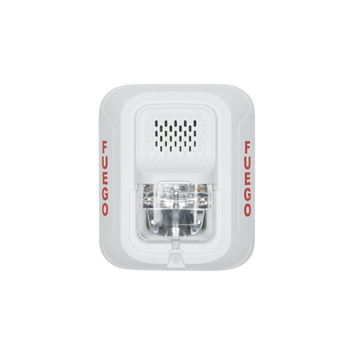 Sirena con Lámpara Estroboscópica a 2 Hilos, Montaje en Pared, Color Blanco, Configuración Estroboscópica Seleccionable y Texto en Español, Nuevo Diseño Moderno y Elegante y Menor Consumo de Corriente