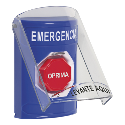 Botón de Emergencia en Español con Tapa Protectora de Policarbonato Súper Resistente, Restablecimiento con Llave y Sirena